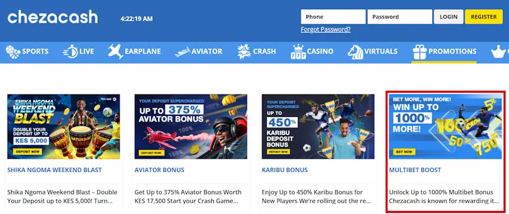 ChezaCash Bonuses and MultiBet Cash Refund Bonus Screenshot